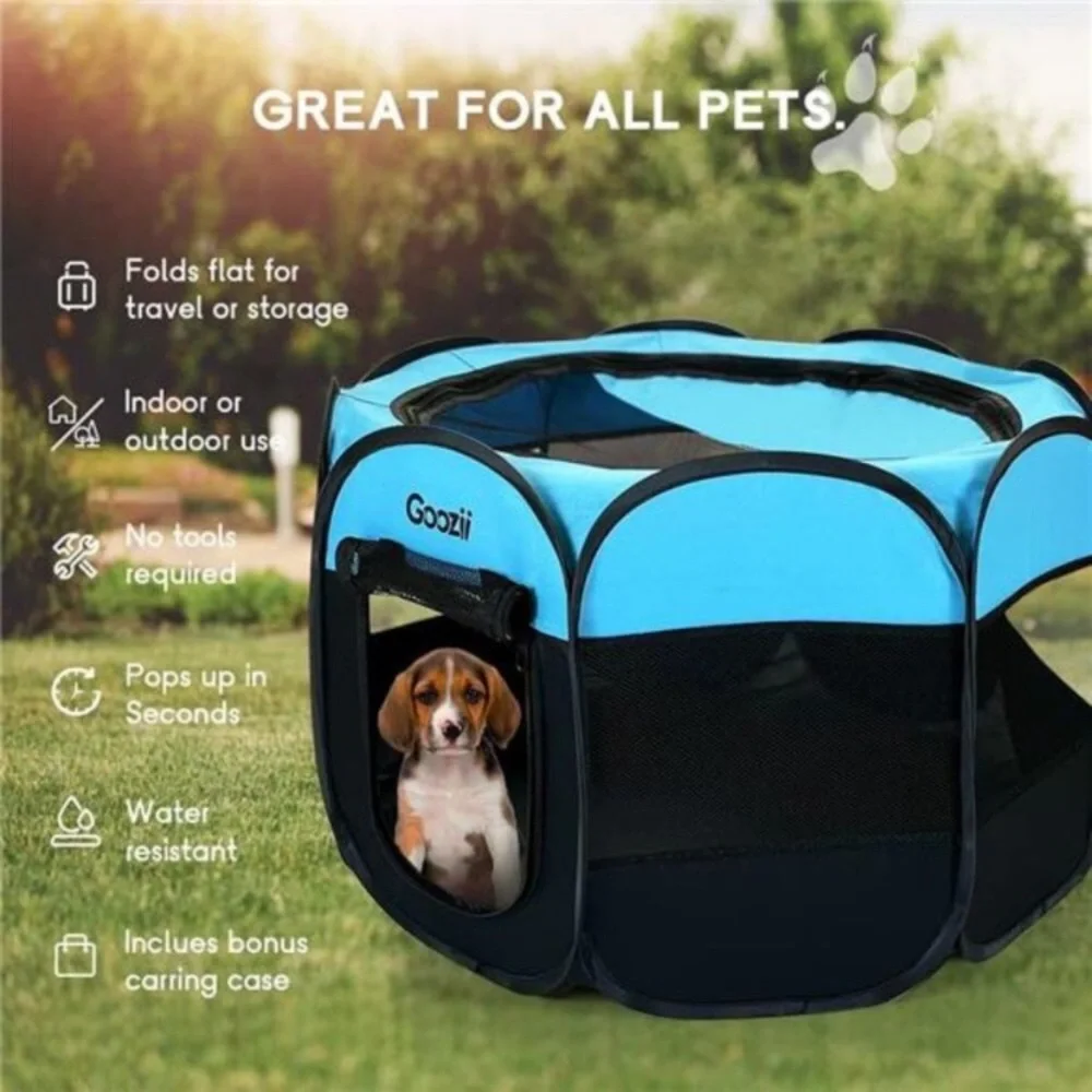 Small Dog Playpen Portable Collapsible (Small Size, Black/Blue)